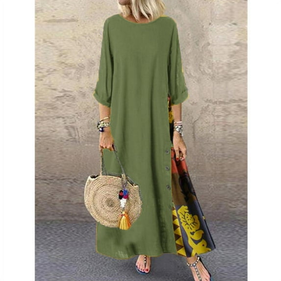 Women's Vintage Floral Round Neck Contrasting Color Stitching Three-Quarter Sleeve Dress