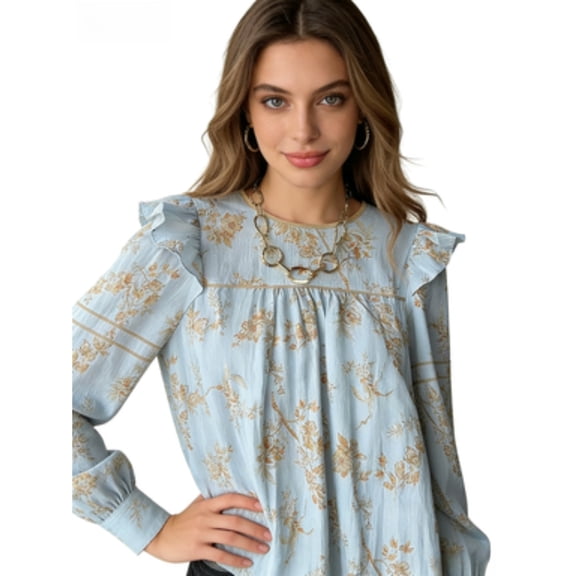Women's Vintage Floral Ruffle Blouse – Elegant light blue long-sleeved top with puff sleeves and soft, flowing fabric. Perfect for casual outings, brunch, or work attire ,lightweight and breathable,