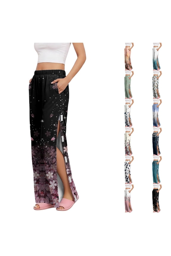 Women’s Vintage Floral Side Velcro Closure Easy Access Post Surgery Recovery Care Elastic Waist Long Pants