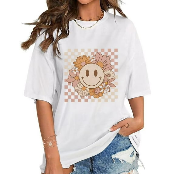 Women's Vintage Flower Smiley Print T-shirts Checkered Happy Face Graphic Tees Short Sleeve Casual Tops Cotton Shirts for Daily Outfits White,3XL