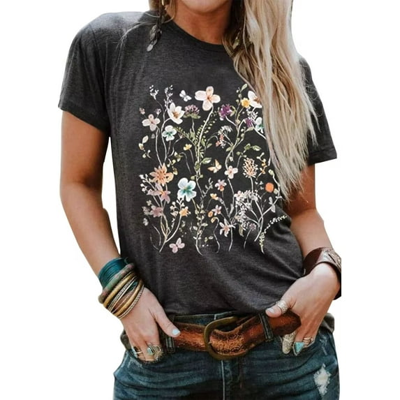 Women's Vintage Flowers Shirt Floral Botanical Graphic Tees Shirts Summer Wildflowers Tops Casual Loose Vacation Shirt
