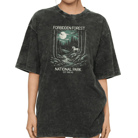 Women's Vintage "Forbidden Forest National Park" Unicorn Moon Graphic Washed T Shirt Casual Black S-2XL Plus Size