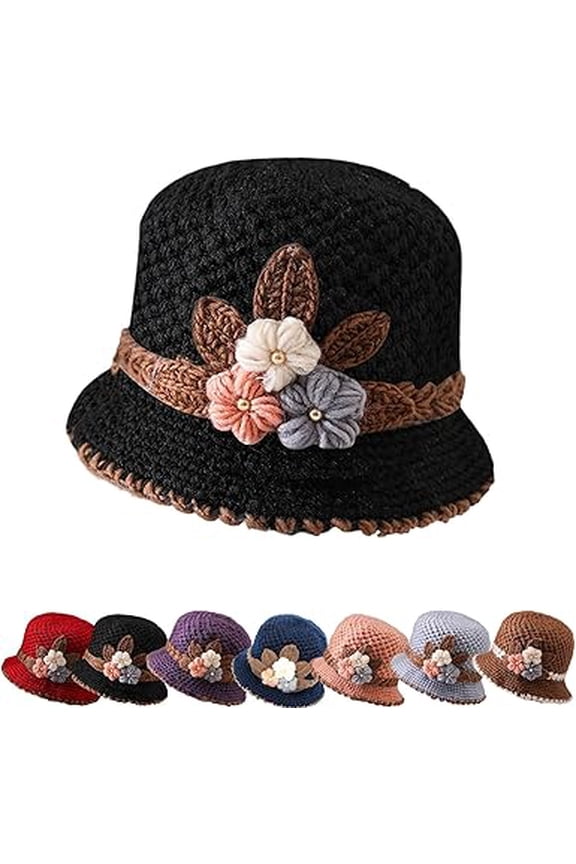 Women's Vintage French Floral Knitted Wool Hat - Thickened Fashion Beanie(XX-Black)