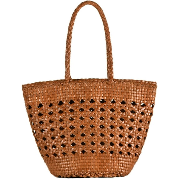 Women's Vintage Genuine Leather Top Handle Handbags Hand Woven Hollow Design Satchel Work Travel Beach Shoulder Bags
