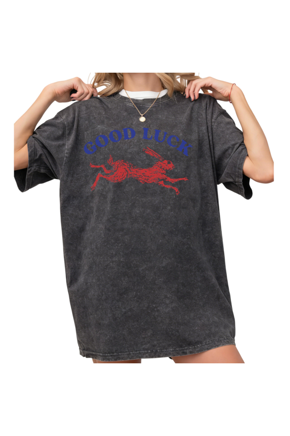 Women's Vintage Good Luck Red Running Hare Graphic Comfortable Washed T Shirt Casual Black S-2XL Plus Size