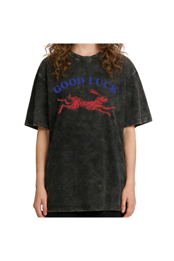 Women's Vintage Good Luck Red Running Hare Graphic Comfortable Washed T Shirt Casual Black S-2XL Plus Size