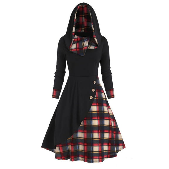 Women's Vintage Gothic Dress with Hood Retro Plaid Splicing Pullover Dress Long Sleeve Hooded Robe Sweatshirt Dress