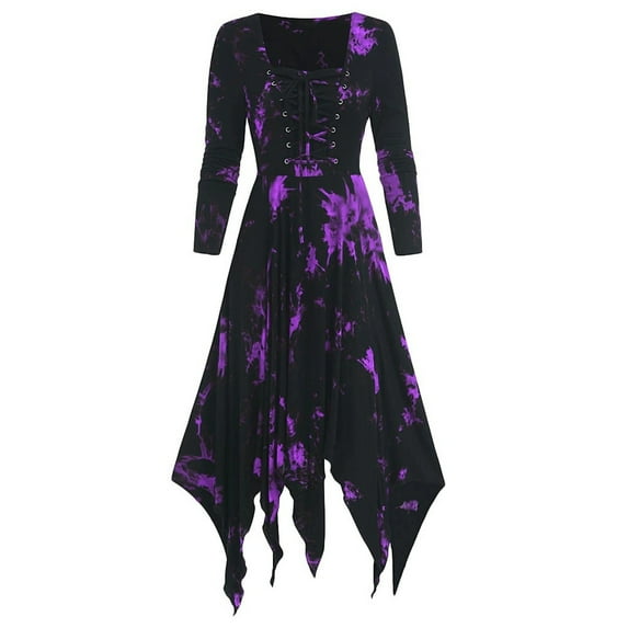 Women's Vintage Gothic Dresses Long Sleeve Lace Up Irregular Hem Dress Tie Dye Midi Dress Victorian Steampunk Dress