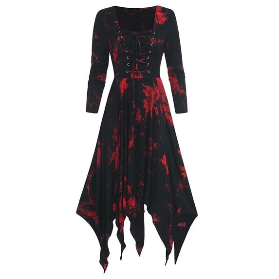 Women's Vintage Gothic Dresses Long Sleeve Lace Up Irregular Hem Dress Tie Dye Midi Dress Victorian Steampunk Dress