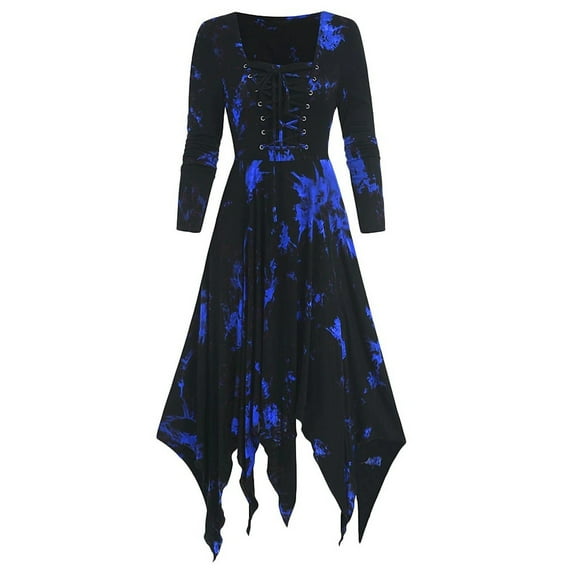 Women's Vintage Gothic Dresses Long Sleeve Lace Up Irregular Hem Dress Tie Dye Midi Dress Victorian Steampunk Dress