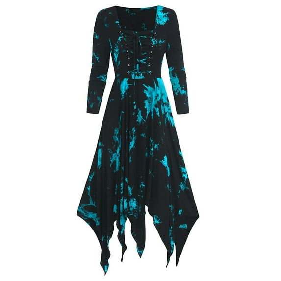 Women's Vintage Gothic Dresses Long Sleeve Lace Up Irregular Hem Dress Tie Dye Midi Dress Victorian Steampunk Dress