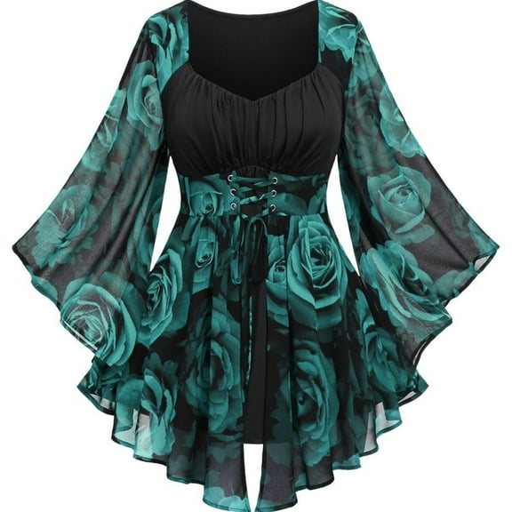 Women's Vintage Gothic Rose Print Flare Sleeve Corset Top, Steampunk Medieval Lace Up Tunic Blouse for Festivals & Parties Halloween Tops for Women