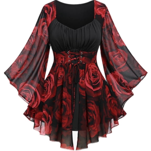 Women's Vintage Gothic Rose Print Flare Sleeve Corset Top, Steampunk Medieval Lace Up Tunic Blouse for Festivals & Parties Halloween Tops for Women