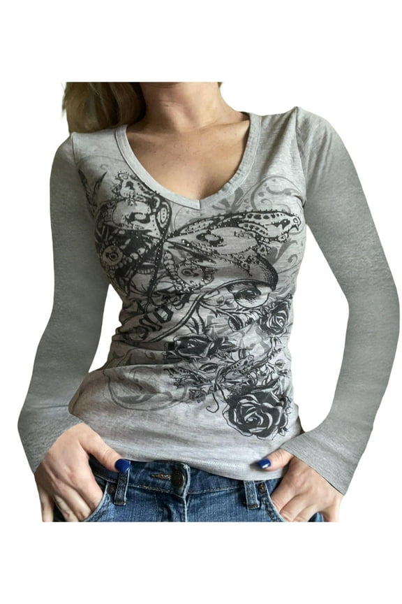 Women's Vintage Gothic T-shirt Long Sleeve Graphic Print Tops Slim Grunge Aesthetic Tees Streetwear
