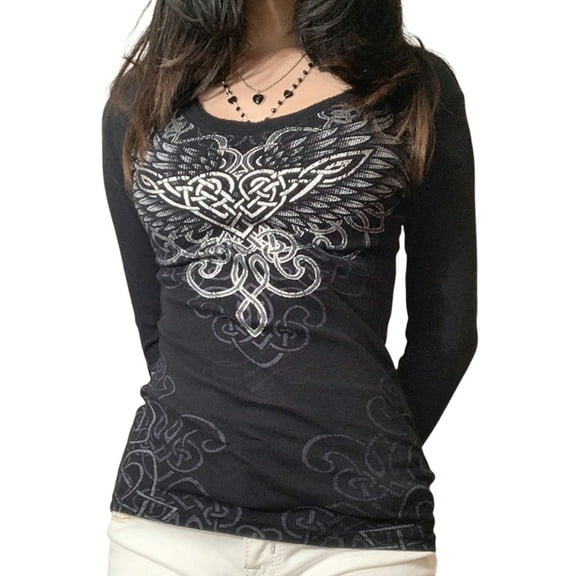 Women's Vintage Gothic T-shirt Long Sleeve Graphic Print Tops Slim Grunge Aesthetic Tees Streetwear
