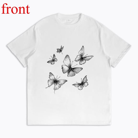 Women's Vintage Graphic Tees，Black White Butterfly Sketch Print T-Shirt, Casual Short Sleeve Top, Soft Comfort Daily T-Shirt，Loose，cotton，white，S-5XL
