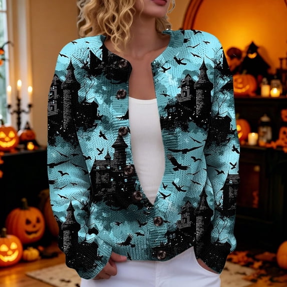 Women's Vintage Halloween Ghost Cardigan Sweater Crew Neck Button Down Floral Knit Casual Outerwear Jacket for Fall Winter