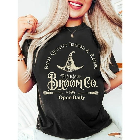 Women's Vintage Halloween T-Shirt - Salem Broom Company Witchy Graphic Tee - Soft Black Shirt for Halloween Parties, Everyday Witchy Outfits - Machine Washable Costume Apparel, Spooky Season Wear