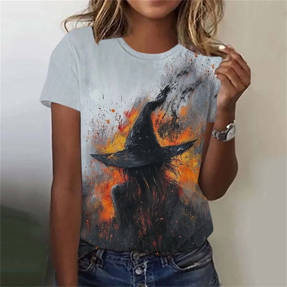 Women's Vintage Halloween T-Shirts Abstract Witch Graphic Print Tees Crewneck Casual Short Sleeve Tops Fall Holiday Party Blouses Comfortable Shirt