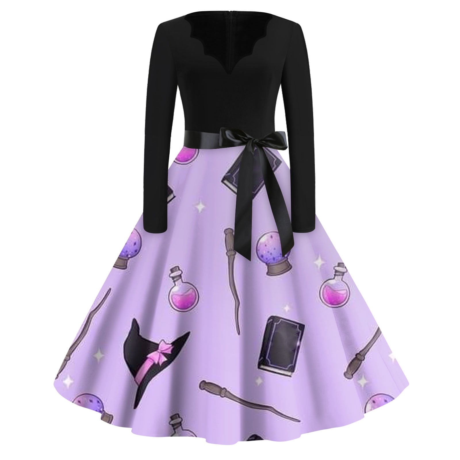 Women's Vintage Halloween Witch Costume Dress Long Sleeve Retro Swing