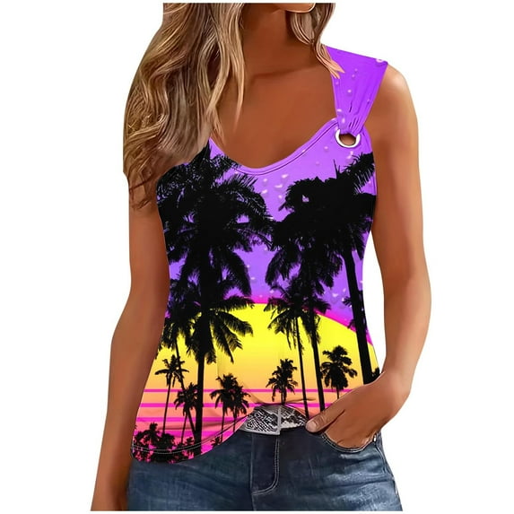 Women's Vintage Hawaii Tees for Beach Sleeveless Tunic Tops Loose Fit Flowy Y2K Tops Dressy Casual Sunset Print Tank Tops Fashion Scoop Neck Blouse Summer Clothes Multicolor T Shirts M