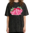 thumbnail image 1 of Women's Vintage Heart Strawberry Graphic Comfortable Breathable Crew Neck Washed T Shirt Black S-2XL Plus Size, 1 of 5
