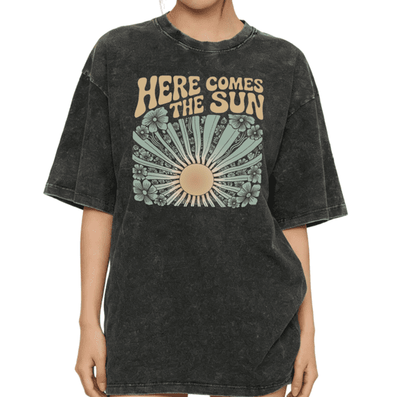 Women's Vintage Here Comes The Sun Retro Boho Floral Sun Graphic Washed T Shirt Casual Black S-2XL Plus Size