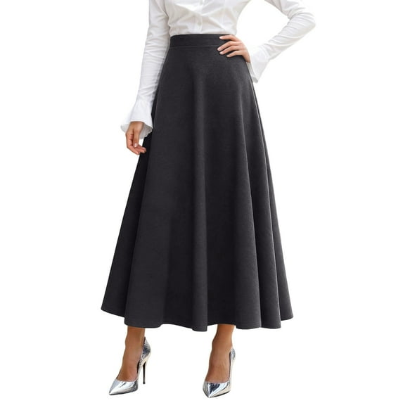 Women's Vintage High Waist Midi Skirt Blend A Line Flared Swing Long Maxi Skirt with Pocket Winter Warm Elegant Grey S