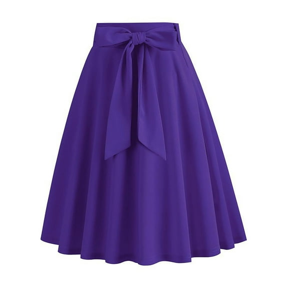 Women's Vintage High Waist Pleated Flared Midi Skirt A-Line Pockets Skirt With Bow Waist Tie