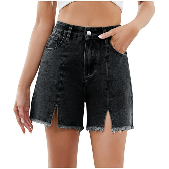 Women's Vintage High Waisted Patchwork Jean Shorts - 2025 Trendy Raw Hem & Slit Design with Pockets, Summer Casual Straight Leg Denim Shorts