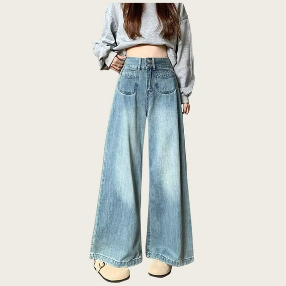 Women's Vintage High Waisted Straight Wide Leg Jeans, Stretchy Denim Comfort Fit, Double Button Retro Loose Pants for Casual Everyday Wear Light Blue L