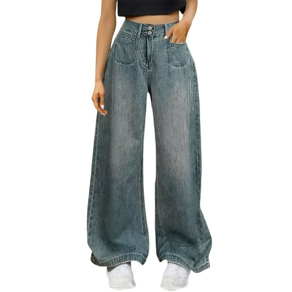 Women's Vintage High Waisted Straight Wide Leg Jeans, Stretchy Denim Comfort Fit, Double Button Retro Loose Pants for Casual Everyday Wear Light Blue XXL