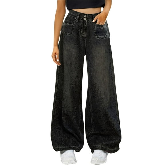 Women's Vintage High Waisted Straight Wide Leg Jeans, Stretchy Denim Comfort Fit, Double Button Retro Loose Pants for Casual Everyday Wear Grey L
