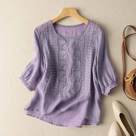 Women's Vintage Hollow Out Breathable Solid Color And Linen Short Sleeve T Shirt Exercise Tops Tee for Women Short Sleeve for Women Casual Women Solid Tee Women's Athletic Tops Tee Shirts Girls