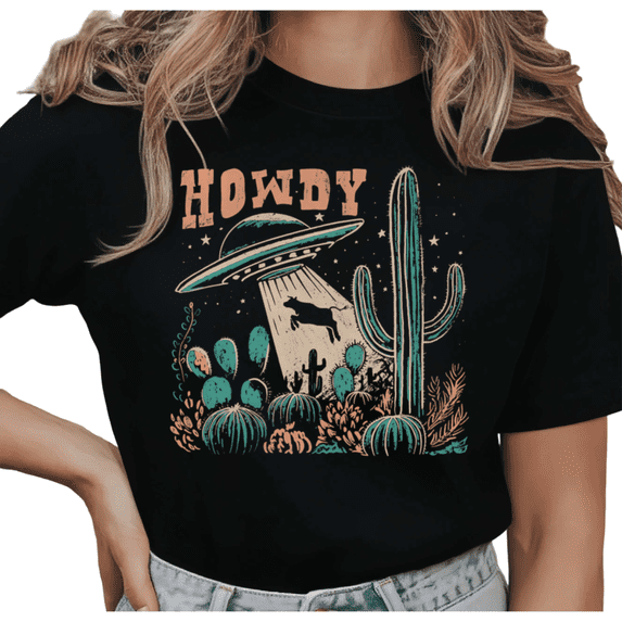 Women's Vintage "Howdy" UFO Cow Cactus Desert Graphic T Shirt Western Alien Funny Print Casual Short Sleeve Round Neck Top Black S-5XL