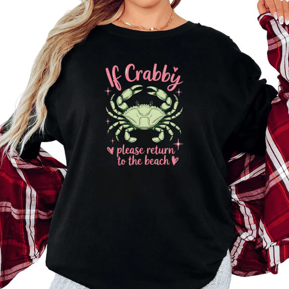 Women's Vintage "If Crabby Please Return To The Beach" Cute Crab Graphic Cotton T Shirt Short Sleeve Round Neck Top Black S-5XL