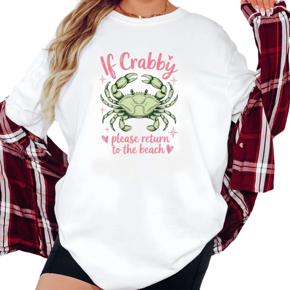 Women's Vintage "If Crabby Please Return To The Beach" Cute Crab Graphic Cotton T Shirt Short Sleeve Round Neck Top White S-5XL