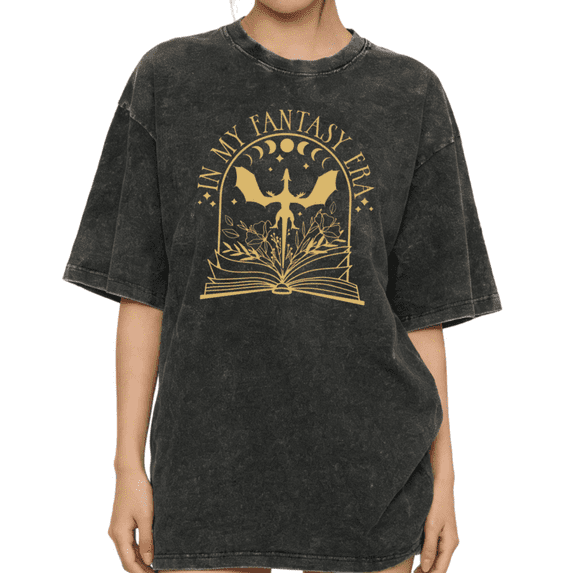 Women's Vintage "In My Fantasy Era" Dragon & Book Graphic Washed T Shirt Fantasy Book Lover Black S-2XL Plus Size