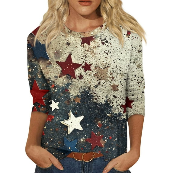 Women's Vintage-Inspired 3/4 Sleeve T-Shirt, Independence Day Motif Printed Casual Top for Concerts, Lightweight & Fade-Resistant,Red 2XL