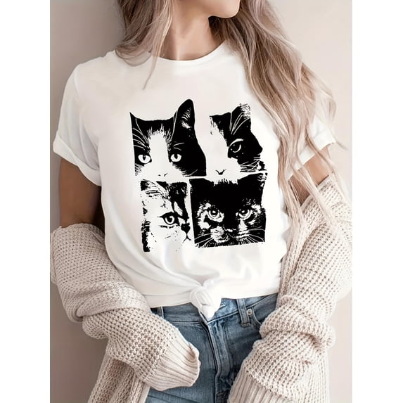 Women's Vintage-Inspired Geometric Print T-Shirt - Casual Crew Neck, Short Sleeve Top, Machine Washable Polyester