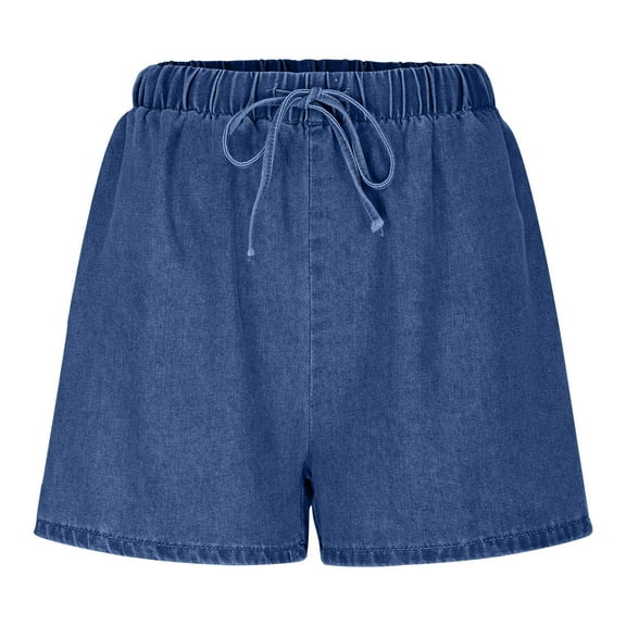 Women's Vintage Inspired High Waist Denim Shorts Stretch Cotton Blend Adjustable Drawstring Relaxed Fit Summer Casual Shorts with Pockets