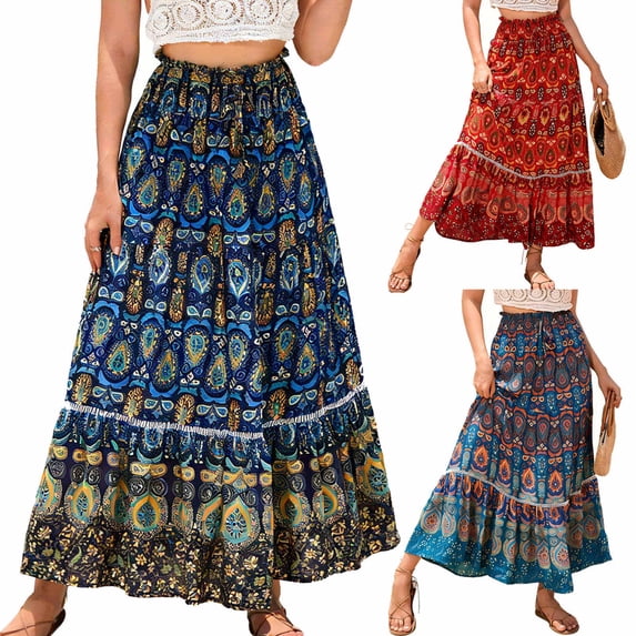 Women's Vintage Irregular Hem Midi Skirts High Waist Long Skirts Summer Boho Skirt Flowy Medieval Long Skirt Solid Color Midi Skirt Blue XL