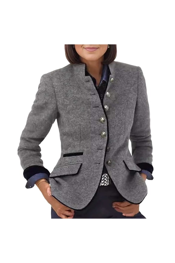 Women's Vintage Jacket Single-Breasted Tweed Blazer Lapel Elegant Classic Fit Jacket Coat Trendy Dressy Fake Woolen Tops (M, Gray)