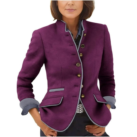 Women's Vintage Jacket Single-Breasted Tweed Blazer Lapel Elegant Classic Fit Jacket Coat Trendy Dressy Fake Woolen Tops (S, Purple)