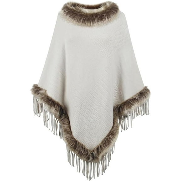 Women's Vintage Knit Shawl Fashion Fringe Pullover Cape Faux Fur Trim Knit Sweater Coat