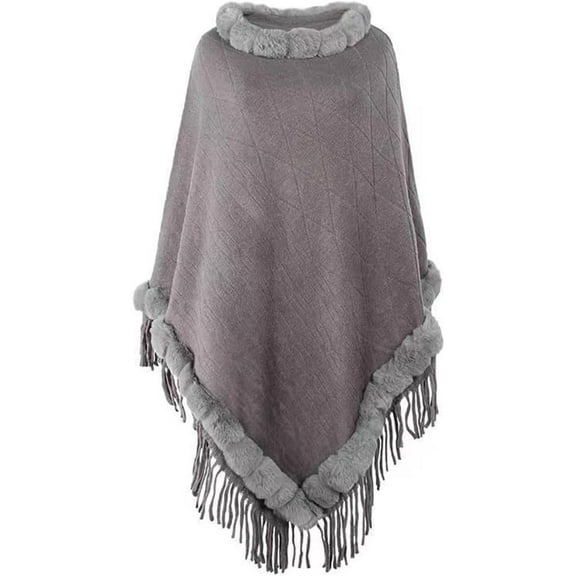 Women's Vintage Knit Shawl Fashion Fringe Pullover Cape Faux Fur Trim Knit Sweater Coat