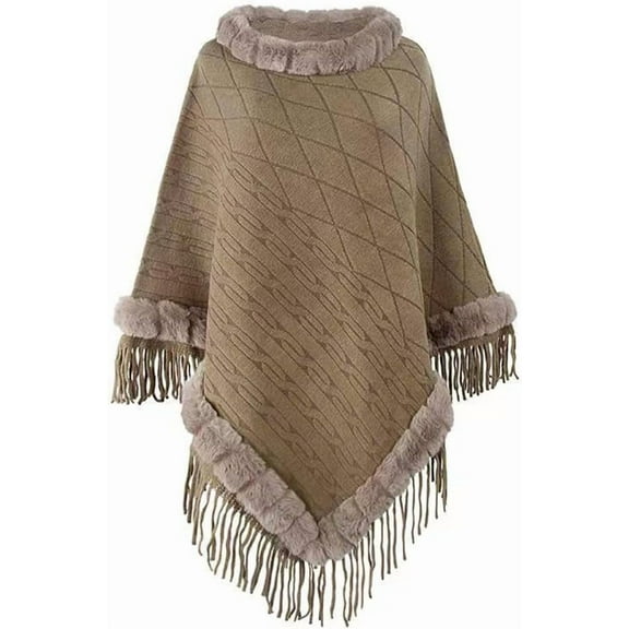 Women's Vintage Knit Shawl Fashion Fringe Pullover Cape Faux Fur Trim Knit Sweater Coat