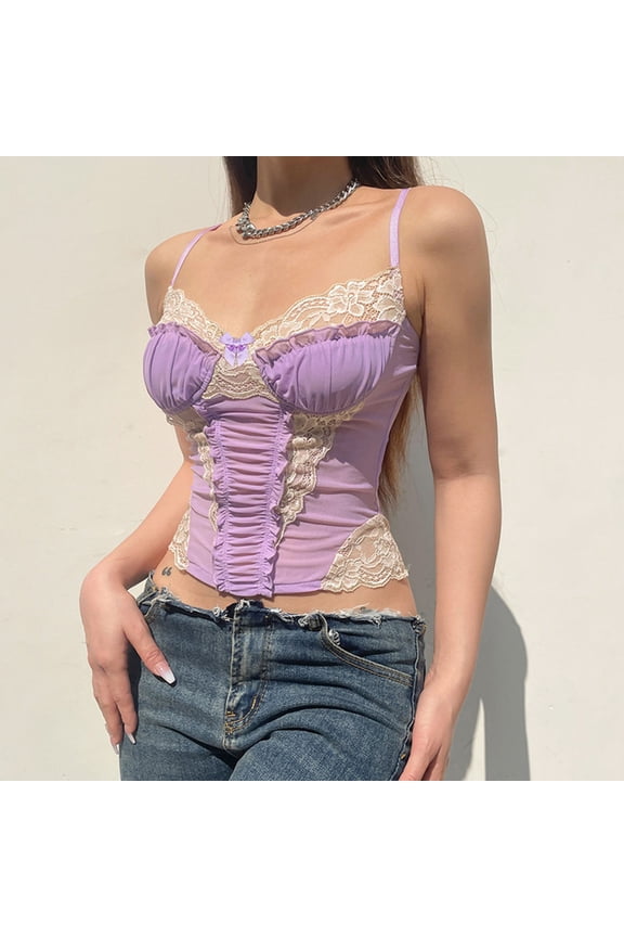 Women's Vintage Lace Corset Tops, Ruched Bustier Spaghetti Straps Floral Lace Overbust Shapewear Camisole Purple L