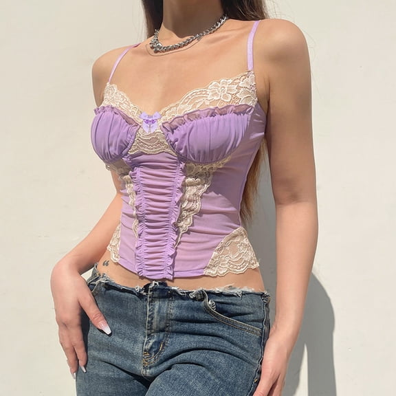 Women's Vintage Lace Corset Tops, Ruched Bustier Spaghetti Straps Floral Lace Overbust Shapewear Camisole Purple S