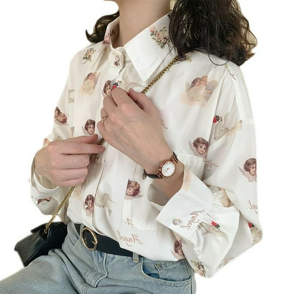 Women's Vintage Lantern Sleeve Lapel Blouse Button Down Cute Angel Print Shirts Tops